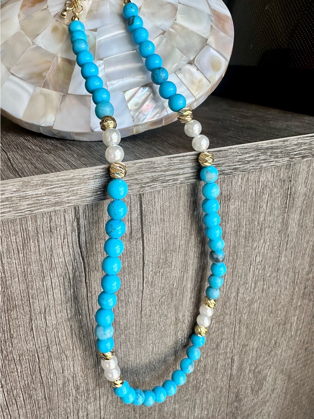 Turquoise Beaded Necklace with Pearl and Gold Accents